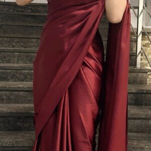 luxury maroon satin saree with designer blouse