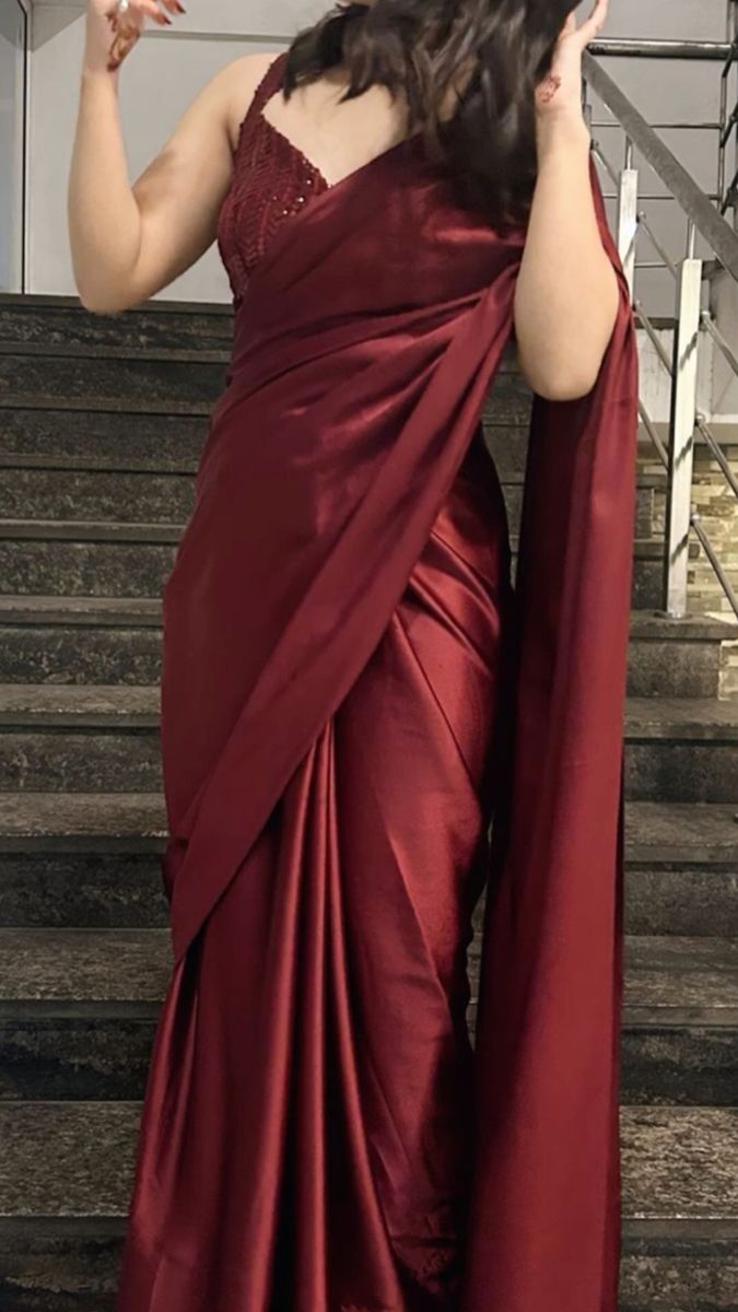 luxury maroon satin saree with designer blouse luxury maroon satin saree with designer blouse
